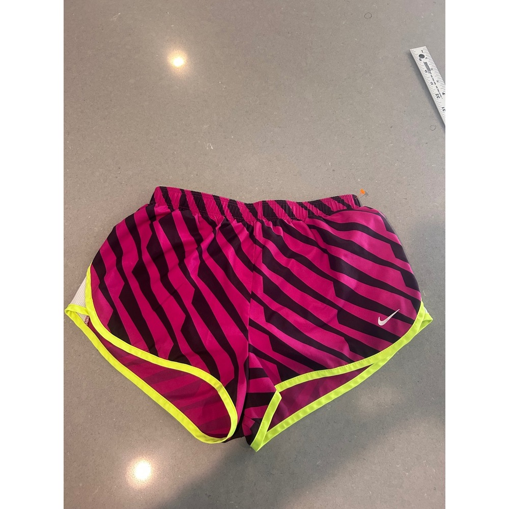 Nike Dri-FIT Womens XS Running Shorts Pink‎ Black Zebra Stripe Neon Yellow Trim